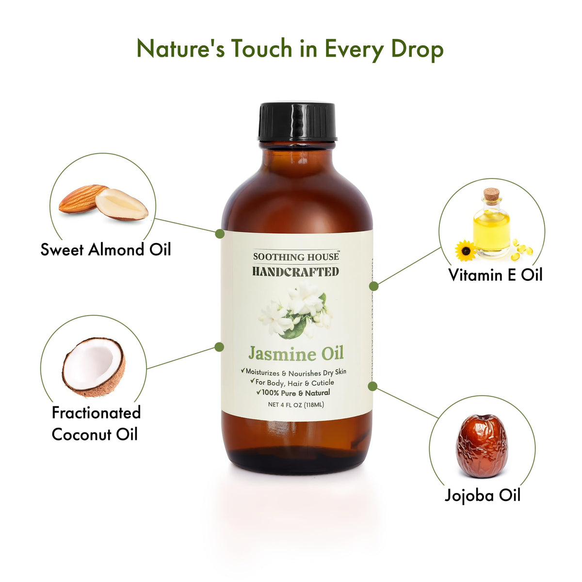 Soothing House Jasmine Oil pour captures fast-absorbing hydration for hair and cuticles.