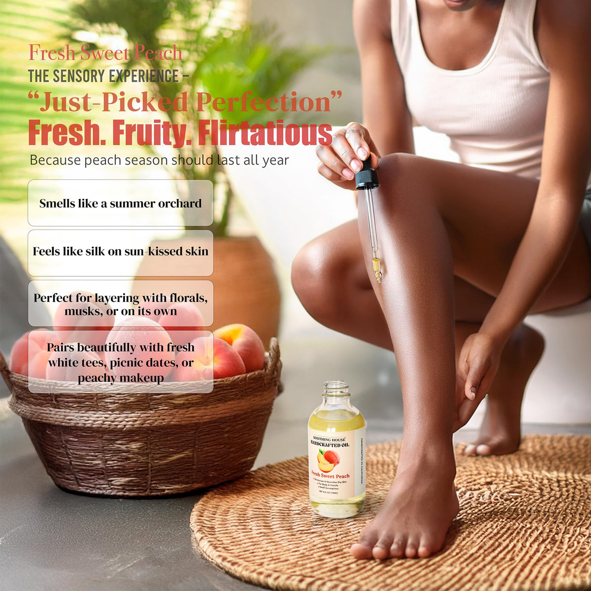 Soothing House Peach Body Oil absorbed into skin for a natural glow.