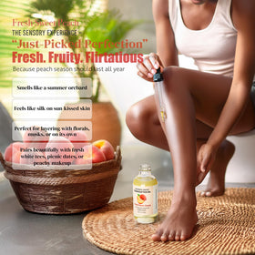 Soothing House Peach Body Oil absorbed into skin for a natural glow.