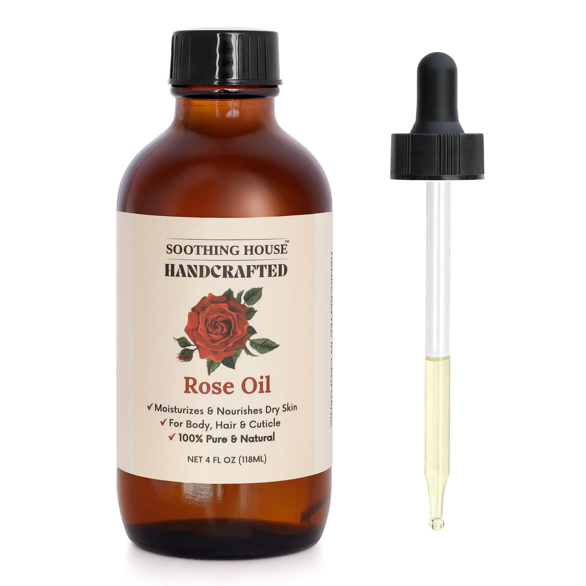 Soothing House Rose Body Oil bottle demonstrates lightweight hydration for dry skin