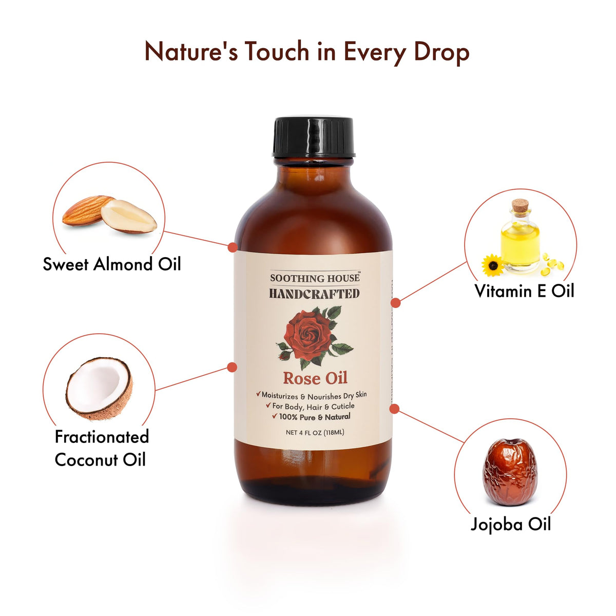 Soothing House Rose Body Oil hair-ends image suggests frizz control and shine