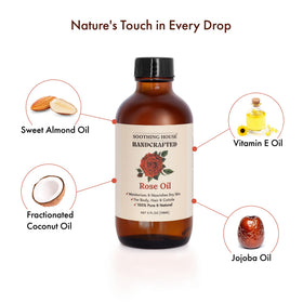 Soothing House Rose Body Oil hair-ends image suggests frizz control and shine