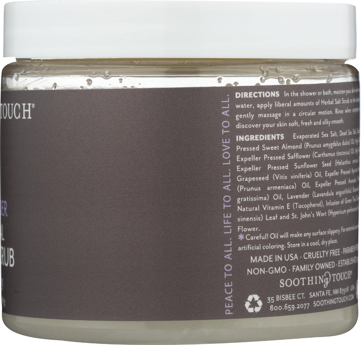 Soothing Touch Lavender Salt Scrub ingredient blend highlights herbal and essential oil infusion.