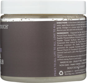 Soothing Touch Lavender Salt Scrub ingredient blend highlights herbal and essential oil infusion.