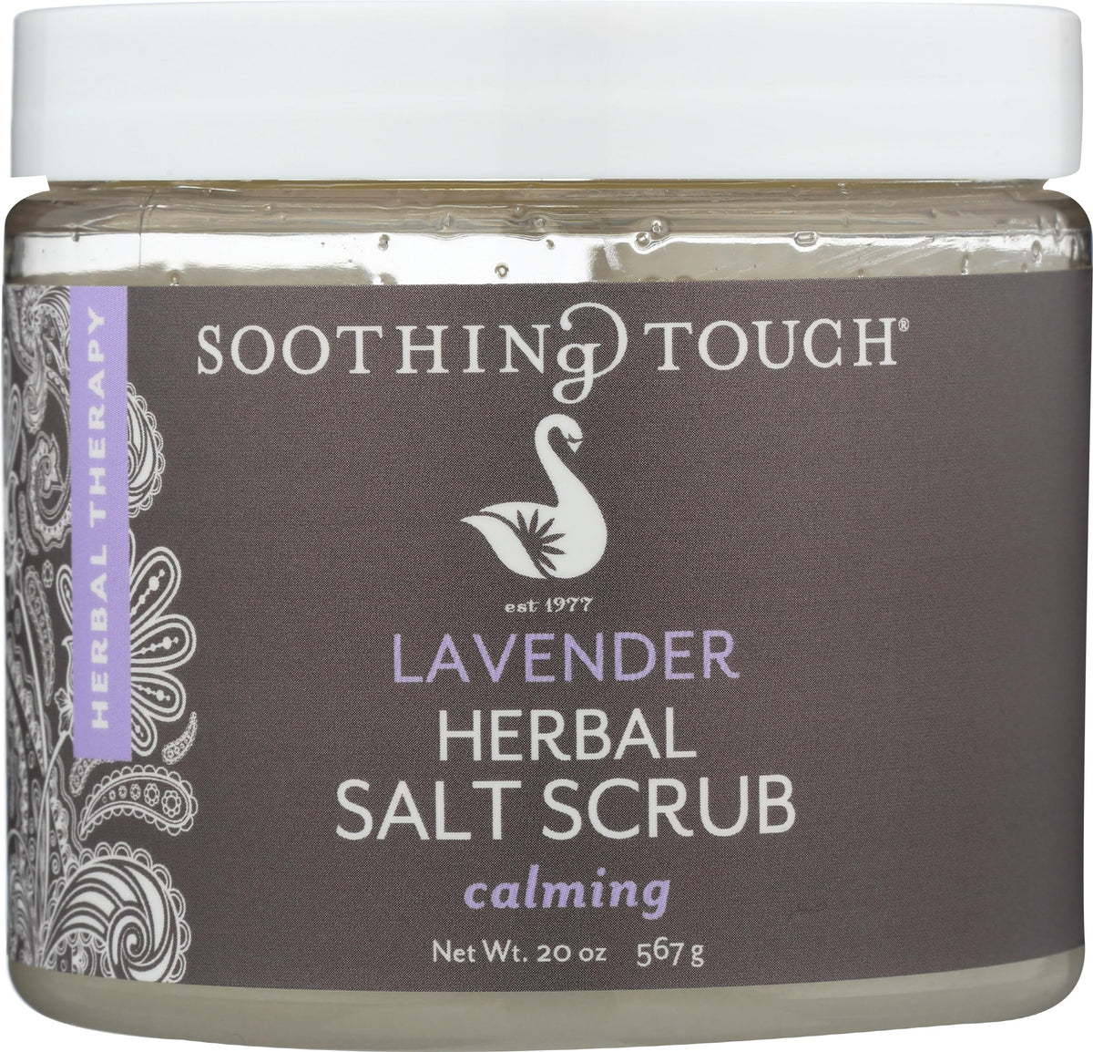 Soothing Touch Lavender Salt Scrub jar closeup highlighting exfoliation-friendly texture.