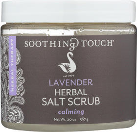 Soothing Touch Lavender Salt Scrub jar closeup highlighting exfoliation-friendly texture.