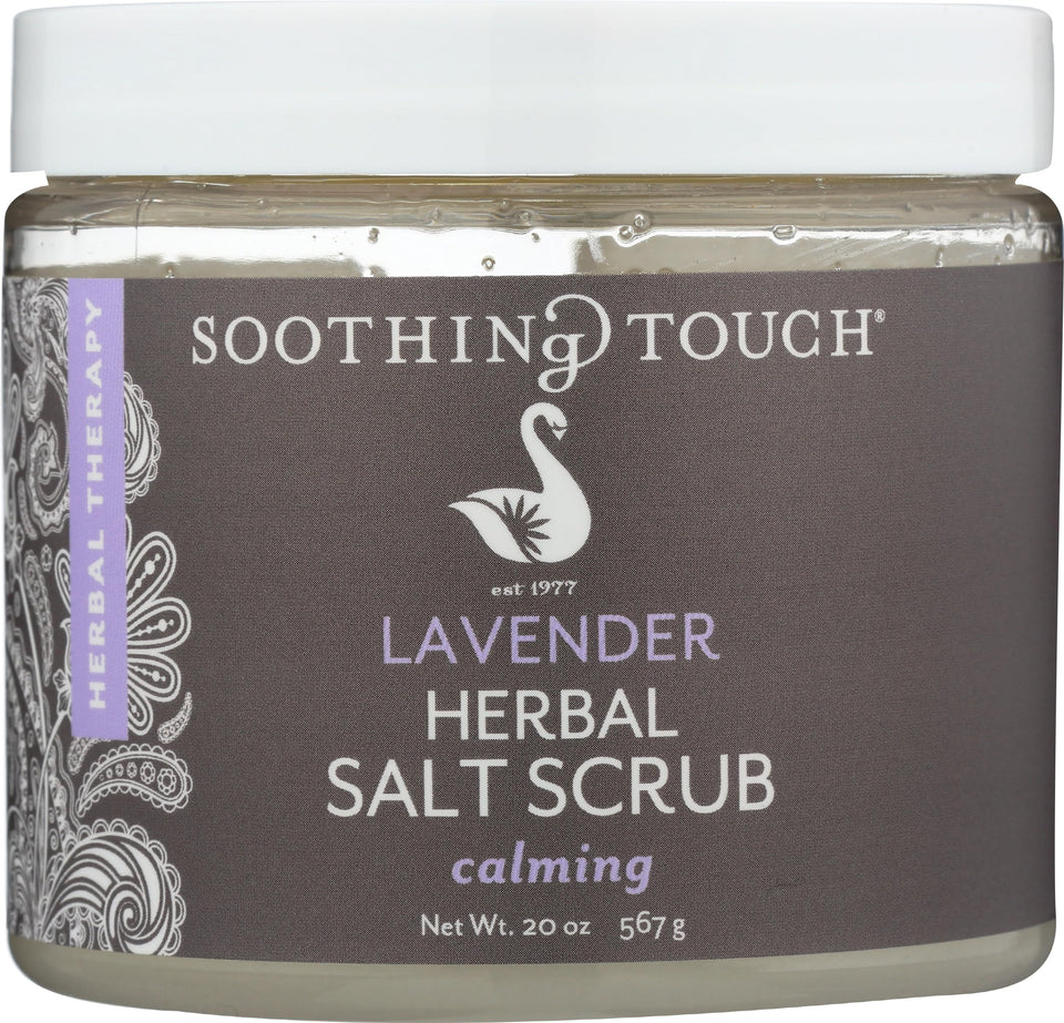 Soothing Touch Lavender Salt Scrub jar closeup highlighting exfoliation-friendly texture.