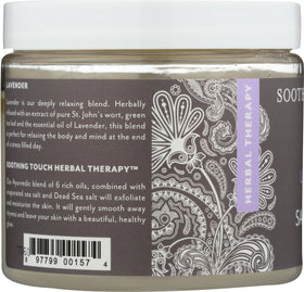 Soothing Touch Lavender Salt Scrub shower scene emphasizes skin refreshment.