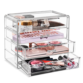 Sorbus acrylic makeup organizer with four drawers for quick access and visibility.
