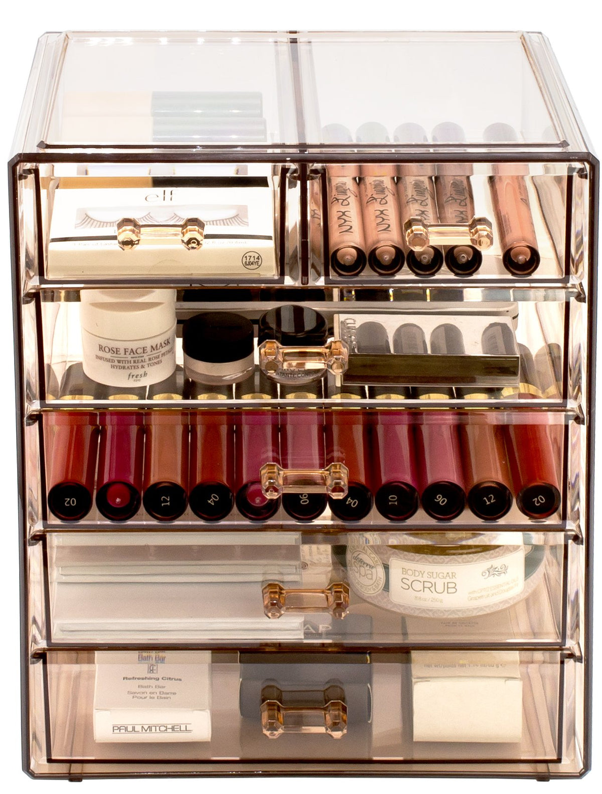 Sorbus acrylic makeup organizer with six drawers for neat cosmetics storage.