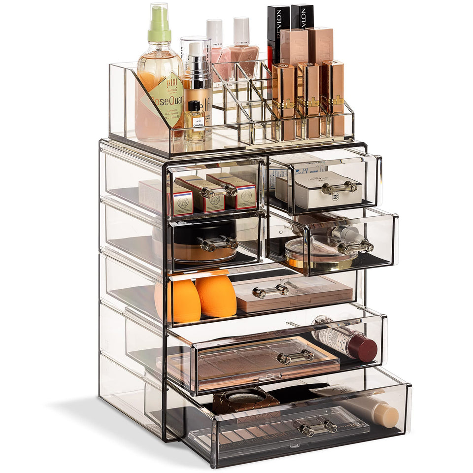 Sorbus acrylic makeup organizer with seven drawers for easy vanity storage and quick access.