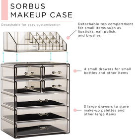 Sorbus acrylic organizer shows brushes and cosmetics with a clear black-tint finish.