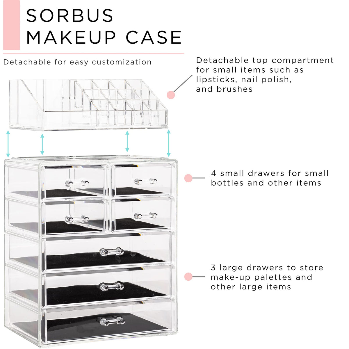 Sorbus acrylic organizer showcases brush drawer for tidy tool storage.