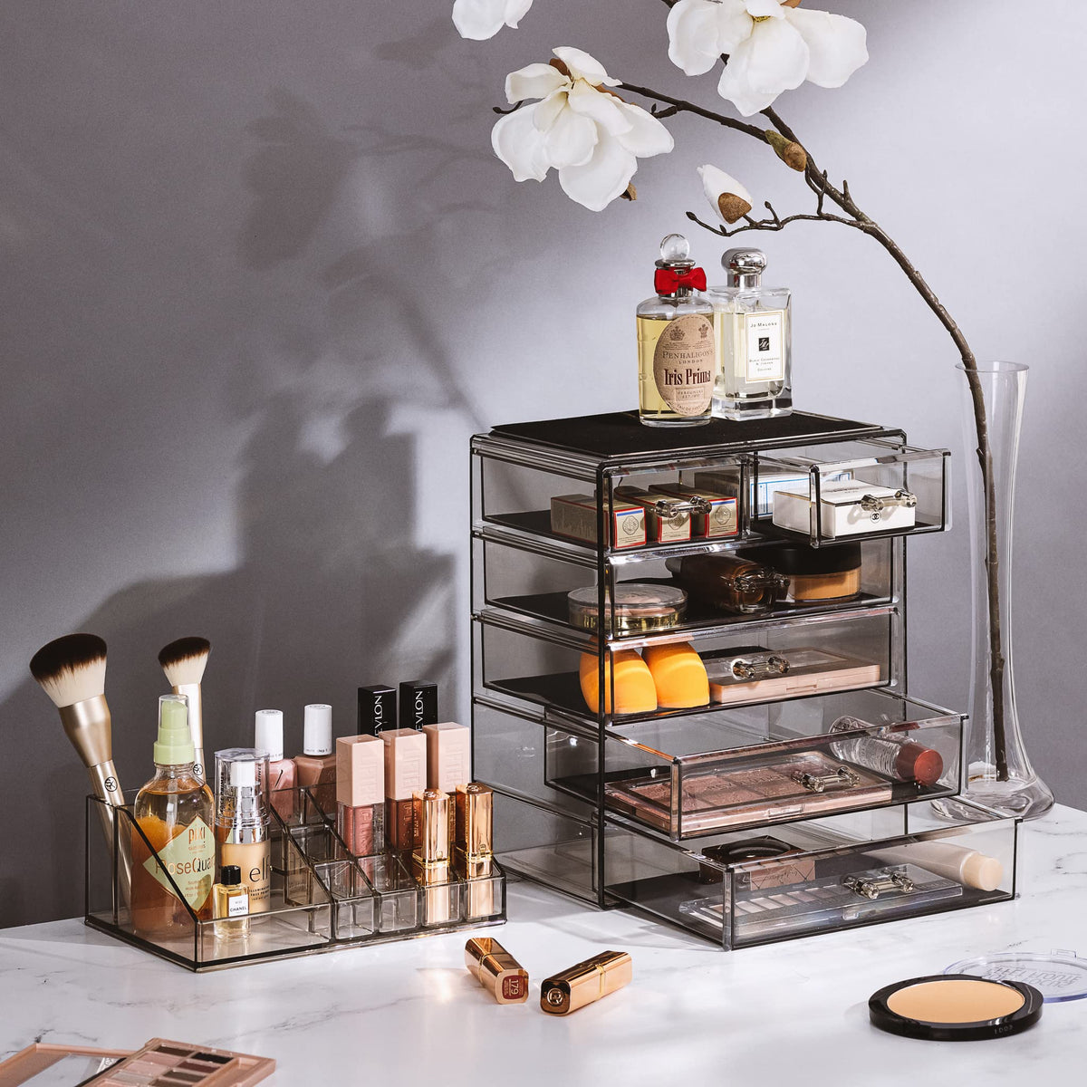 Sorbus organizer with brush storage keeps tools neatly arranged on the vanity