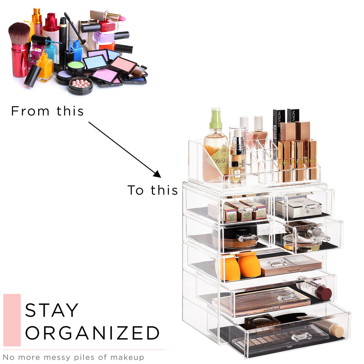 Sorbus acrylic organizer on display, showcasing a clean, organized vanity setup.