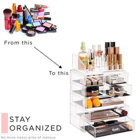 Sorbus acrylic organizer on display, showcasing a clean, organized vanity setup.