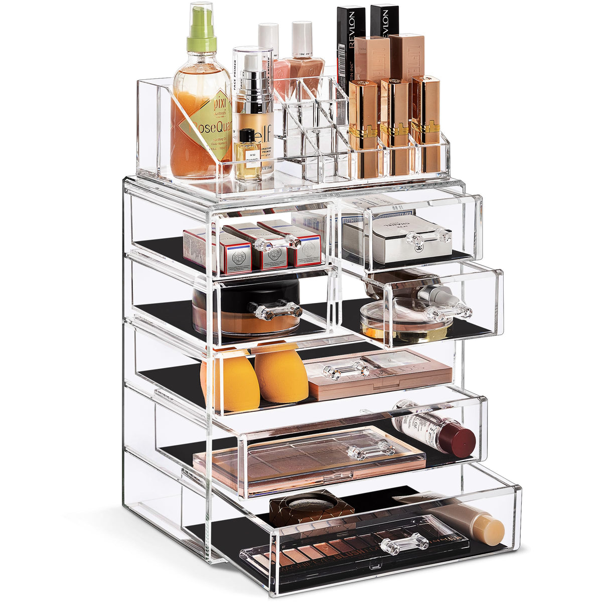 Sorbus acrylic makeup organizer with top compartment, keeping brushes and cosmetics within easy reach.