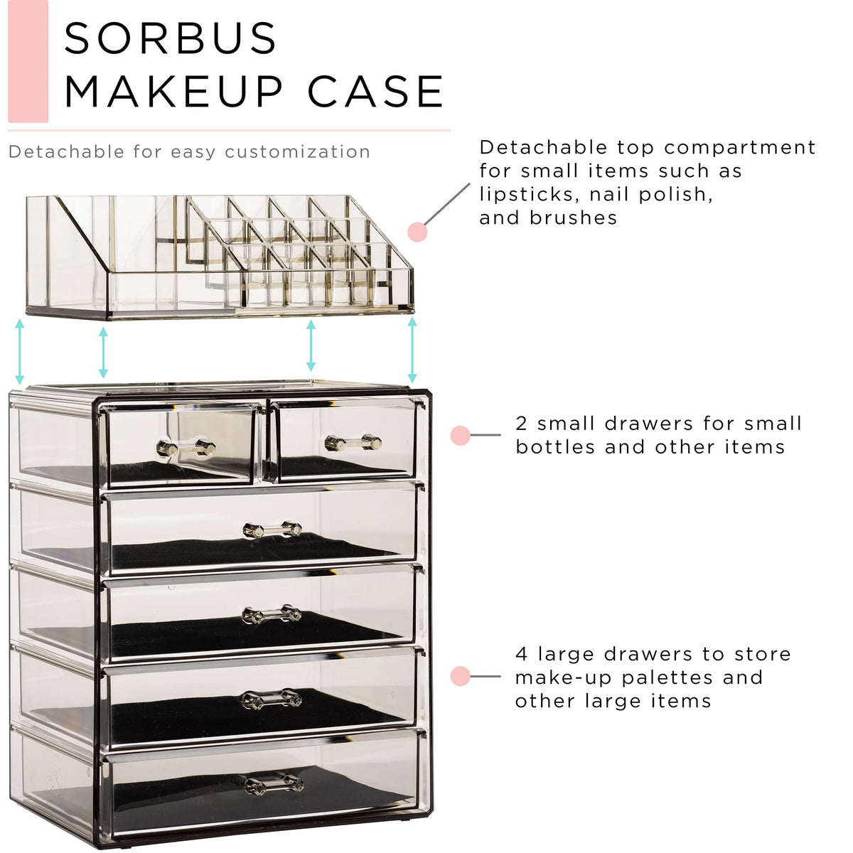 Sorbus acrylic makeup organizer top compartment for brushes and daily essentials