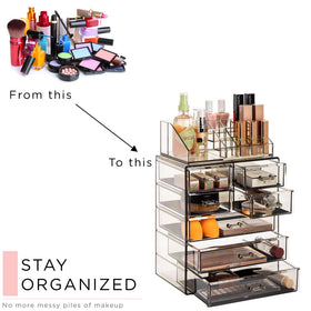 Sorbus makeup organizer on a vanity offers organized, stylish storage.