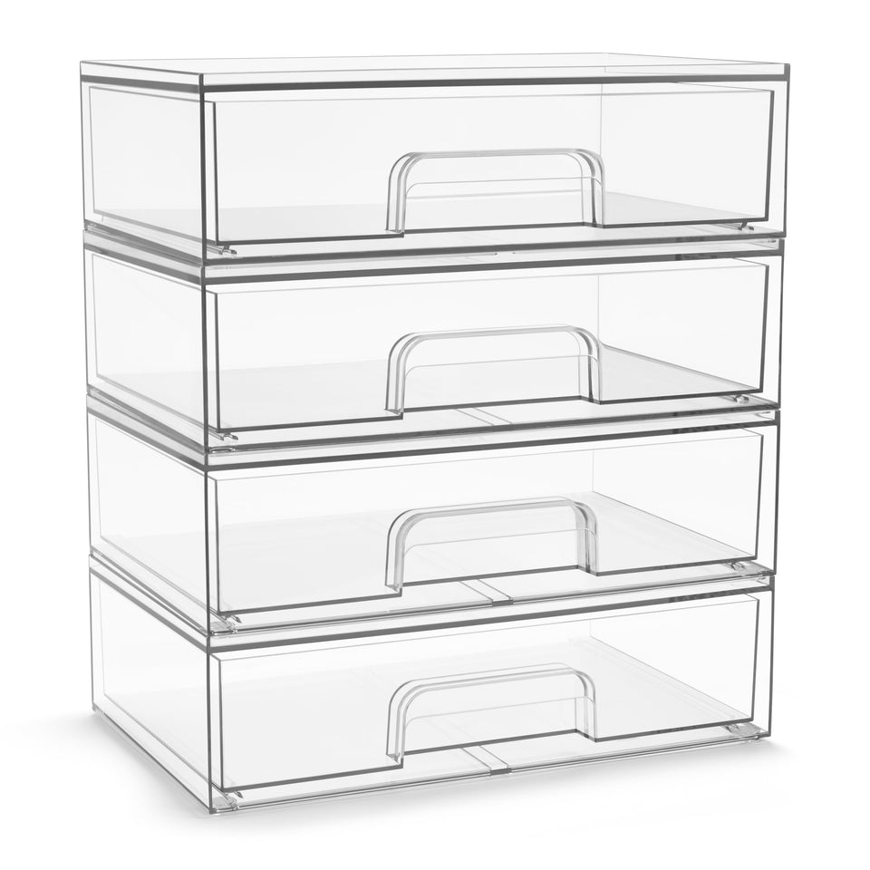 Sorbus acrylic clear organizer drawers show 4-pack wide storage for makeup and bathroom organization