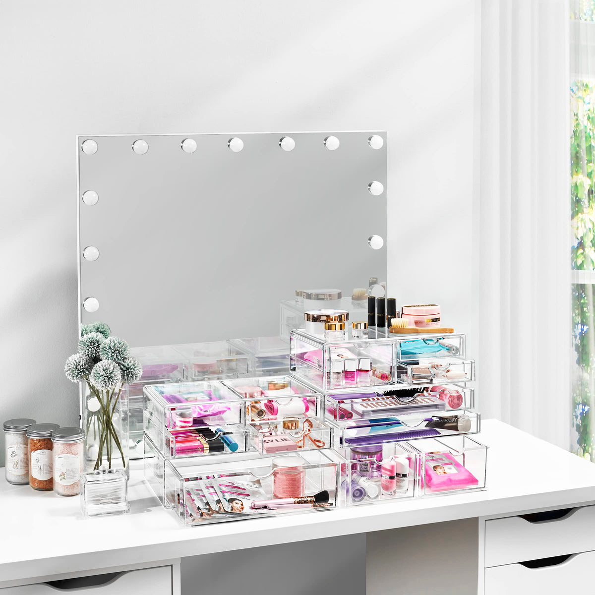 Sorbus large stackable drawers in makeup vanity setup with clear visibility for easy selection