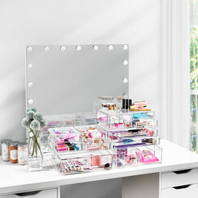 Sorbus large stackable drawers in makeup vanity setup with clear visibility for easy selection