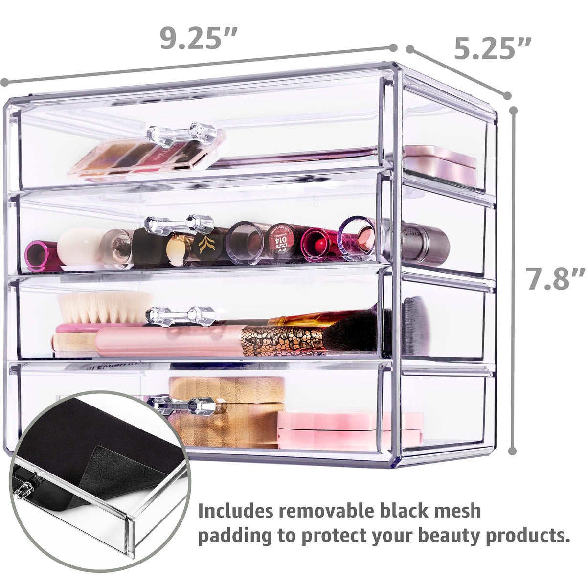 Sorbus wide-drawer unit keeps cosmetics neatly organized on a vanity.