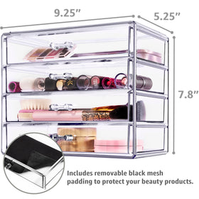 Sorbus wide-drawer unit keeps cosmetics neatly organized on a vanity.