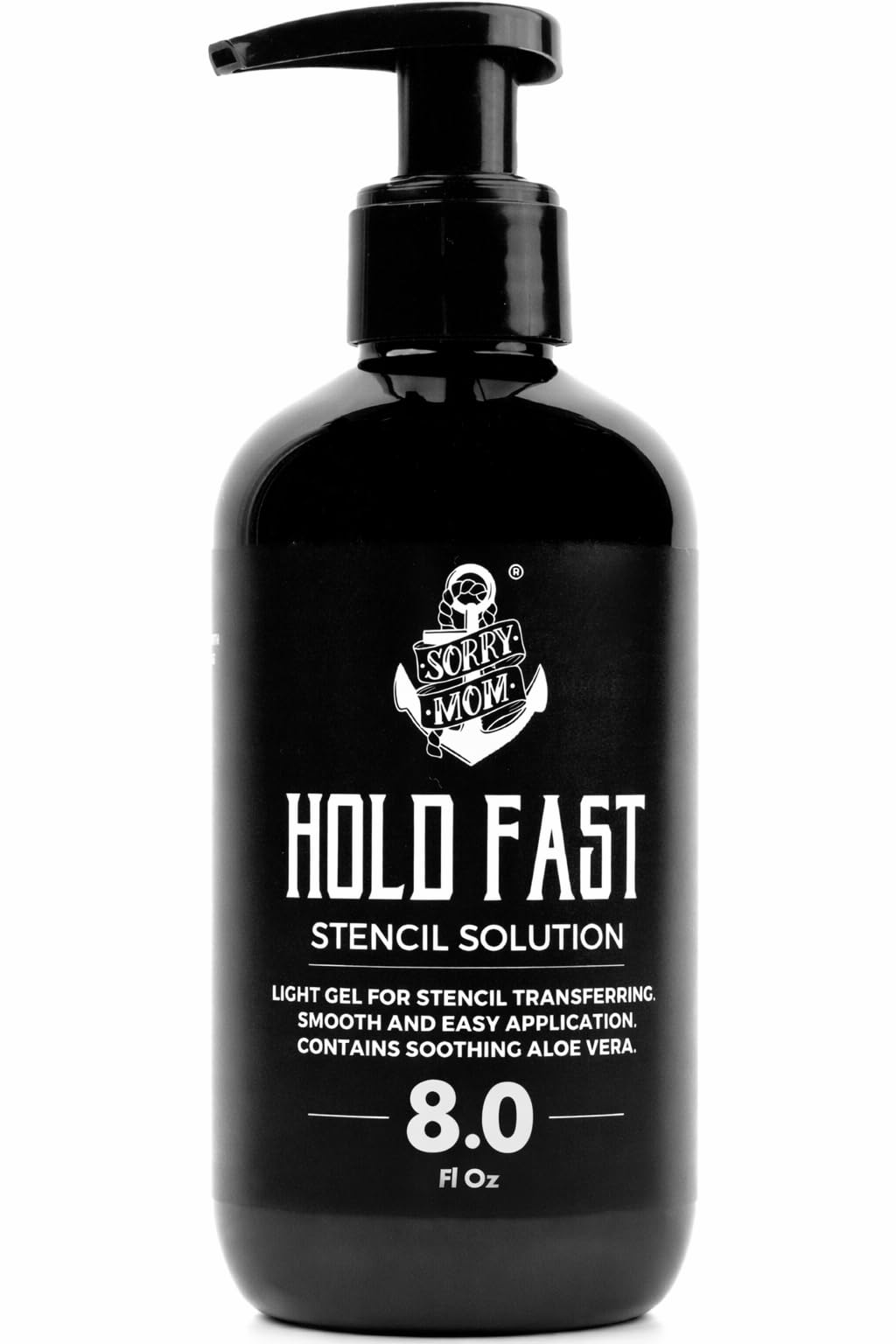 Sorry Mom HOLD FAST stencil gel bottle, front view, ready for professional tattoo work.