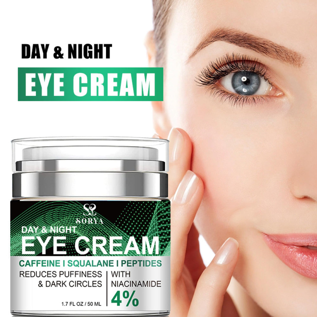 SORYA caffeine eye cream jar closeup showing creamy texture.
