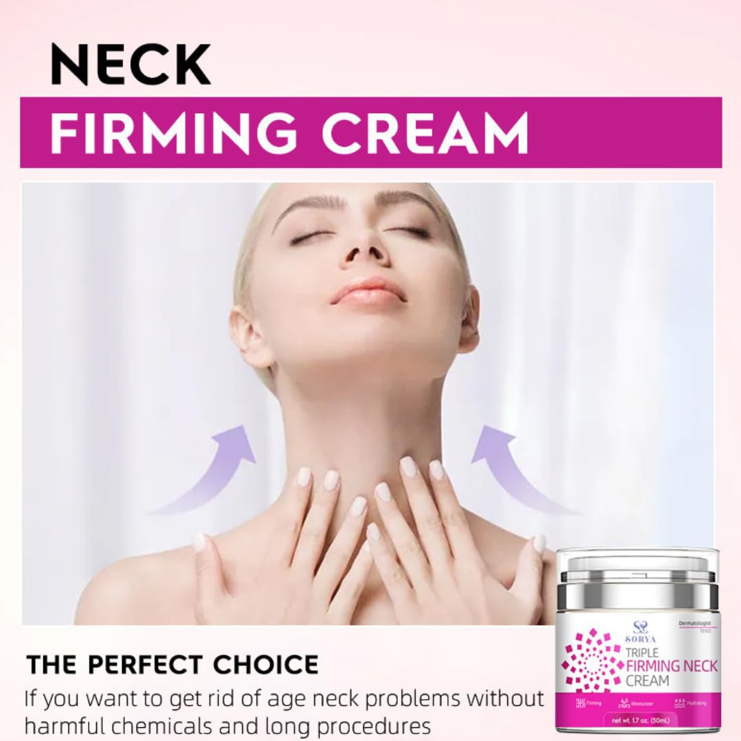 SORYA neck firming cream applied with upward motion highlights lifting benefits.