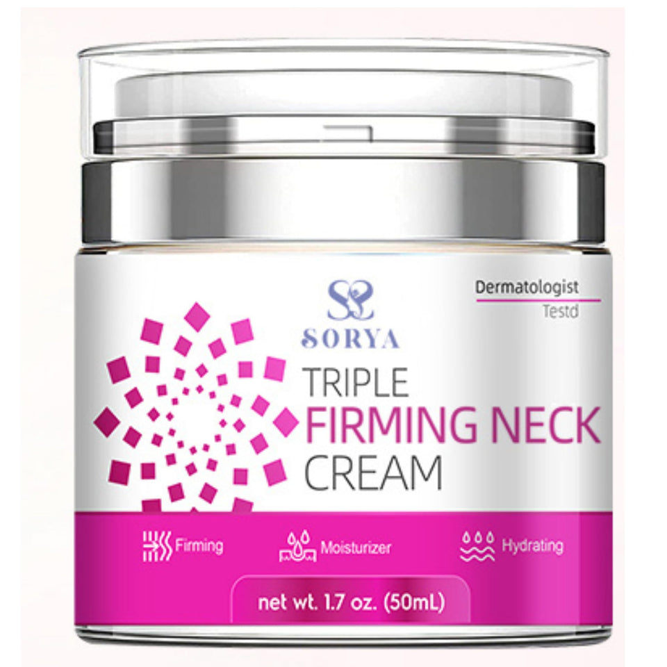 SORYA neck firming cream bottle close-up shows hydration and fast absorption.