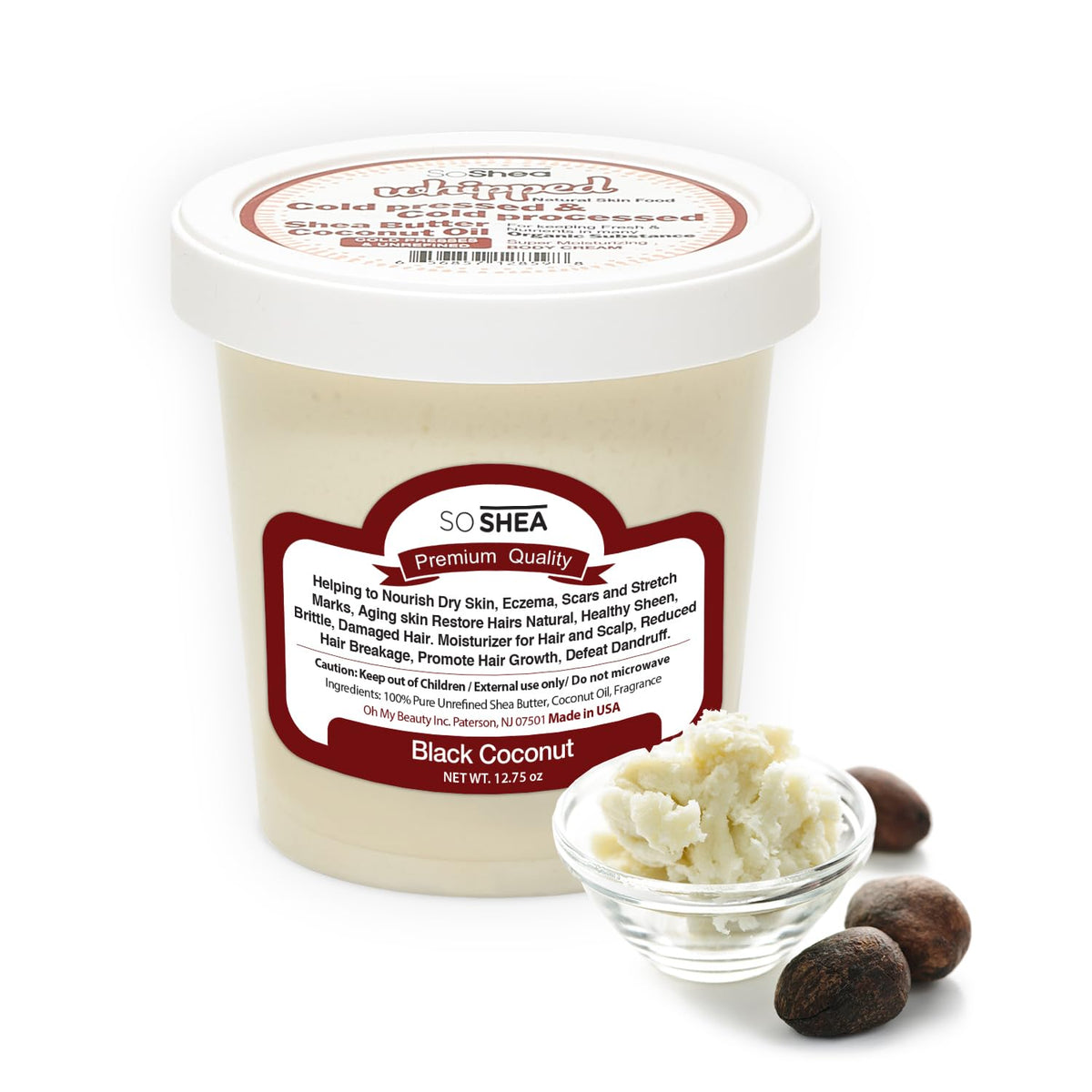 SoShea Whipped Shea Butter Black Coconut jar with creamy texture ready for hydration