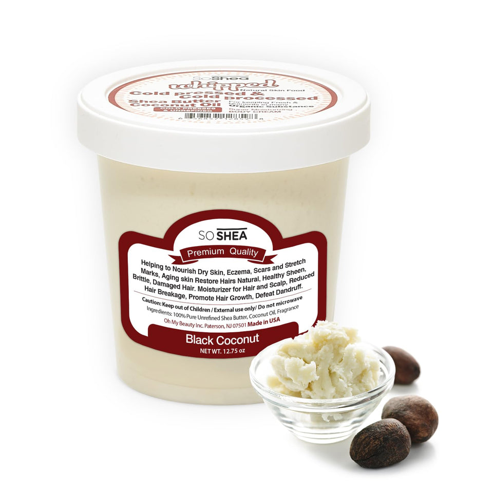 SoShea Whipped Shea Butter Black Coconut jar with creamy texture ready for hydration