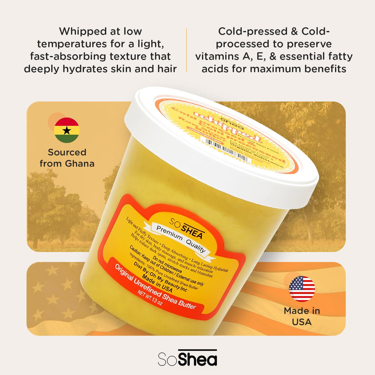 Creamy whipped texture close-up of SoShea butter for easy daily moisture.