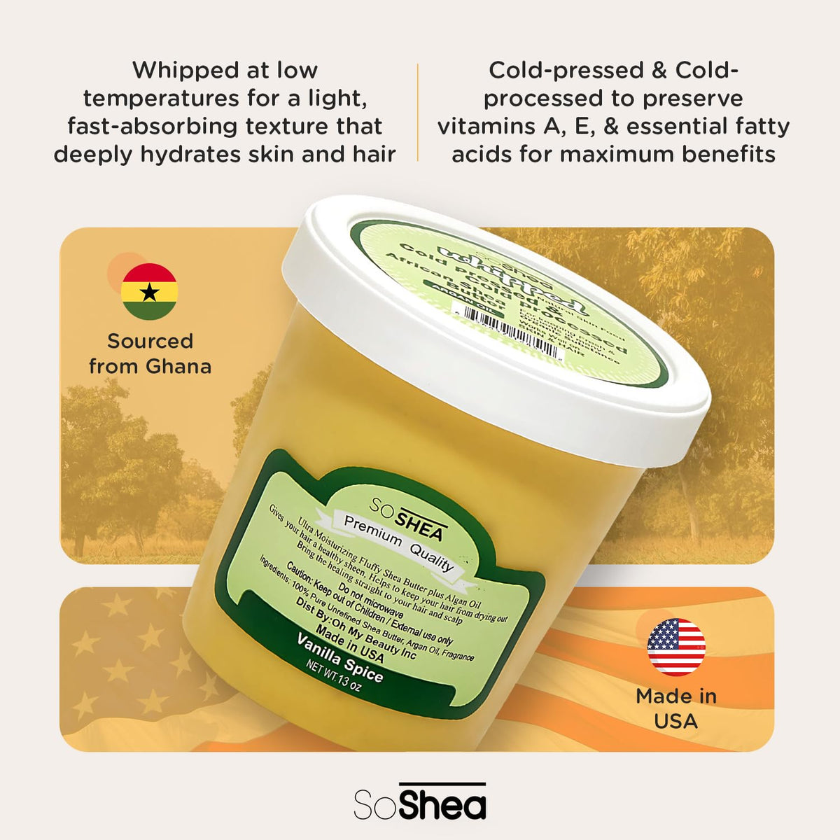 SoShea Whipped Shea Butter Vanilla Spice texture close-up highlights light absorption