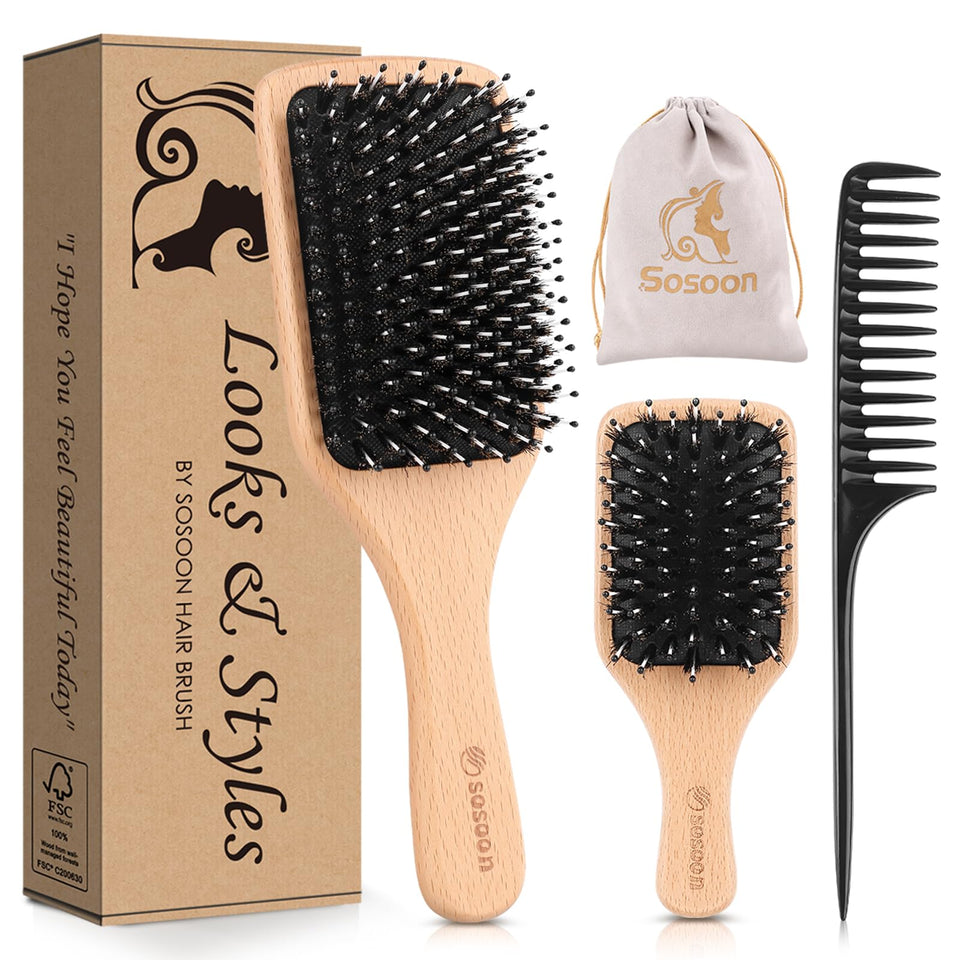 Sosoon boar bristle paddle brush for detangling and shine