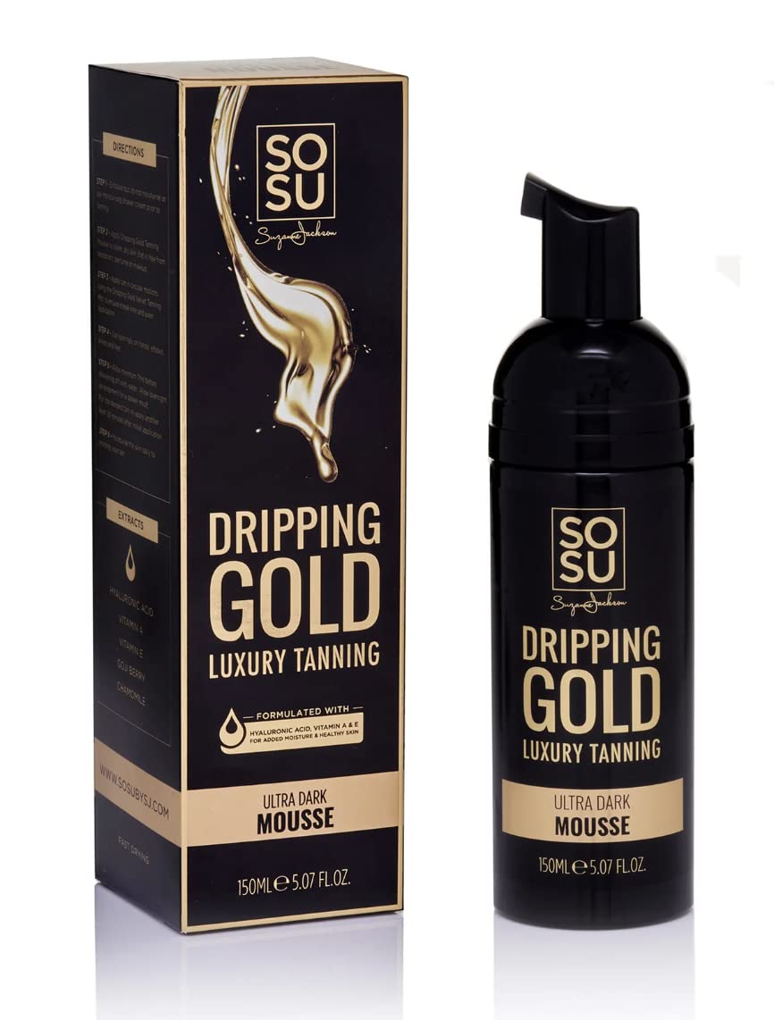 SOSU Dripping Gold bottle showing vegan, cruelty-free formula for a radiant tan.