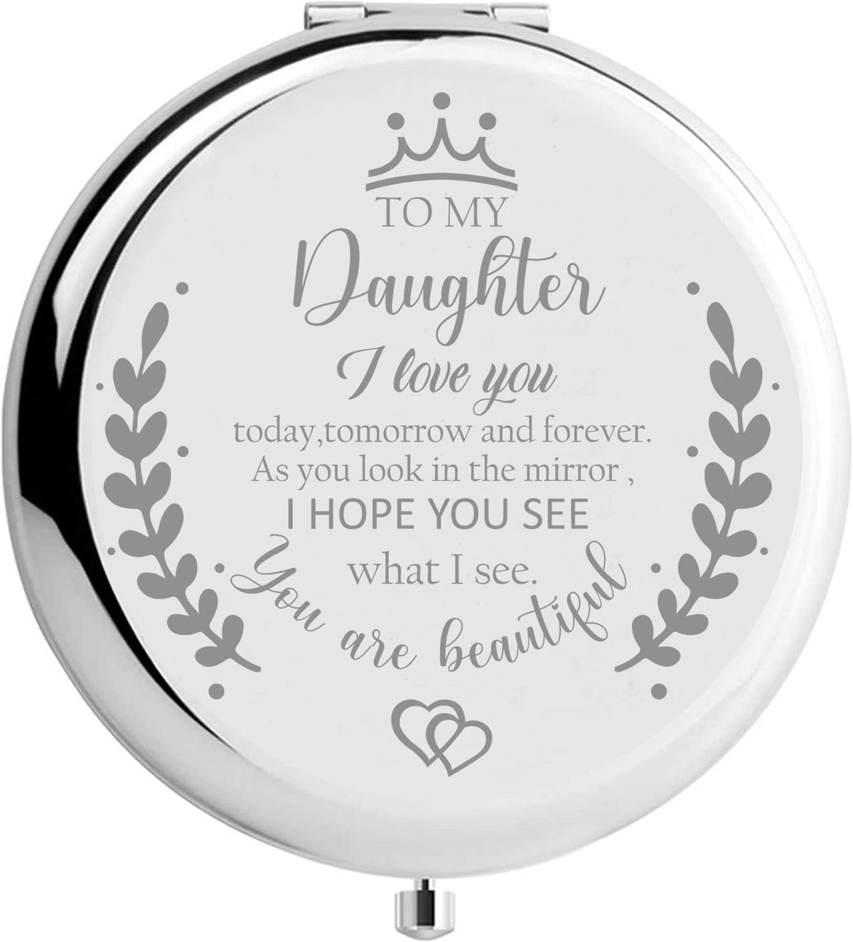 Soulpetals engraved message mirror close-up, a sentimental keepsake for daughters.