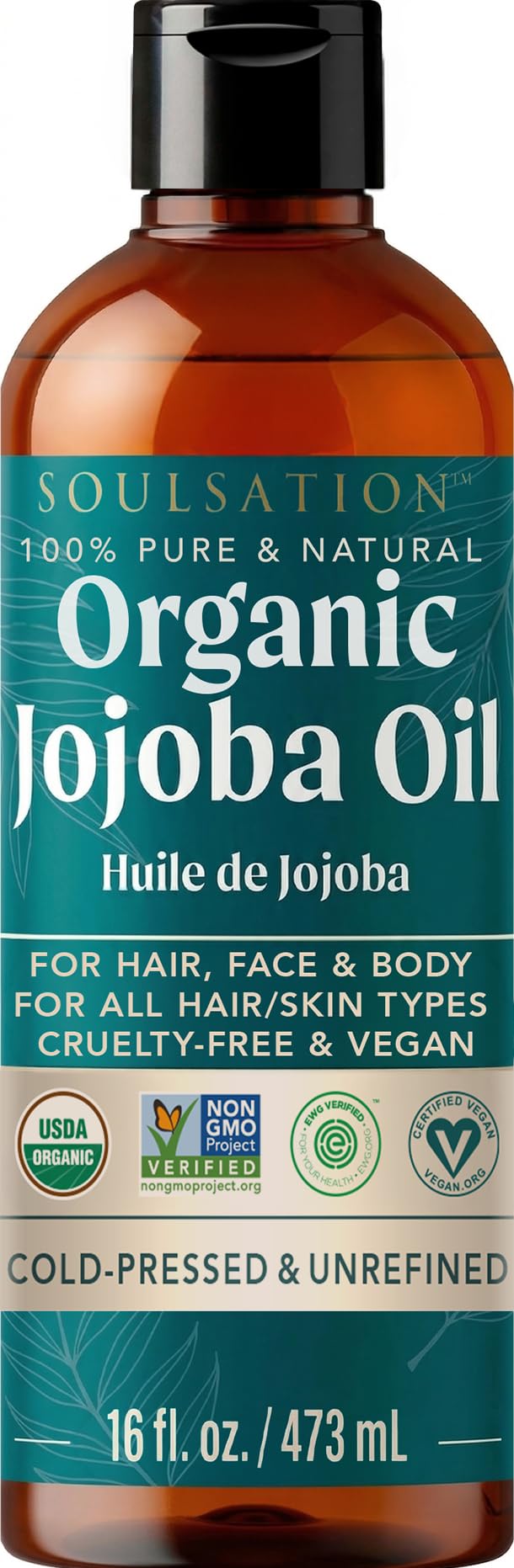 SOULSATION Organic Jojoba Oil 16oz bottle front view for skin and hair care