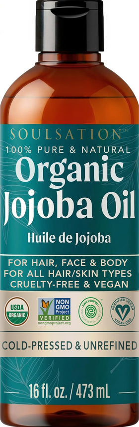 SOULSATION Organic Jojoba Oil 16oz bottle front view for skin and hair care