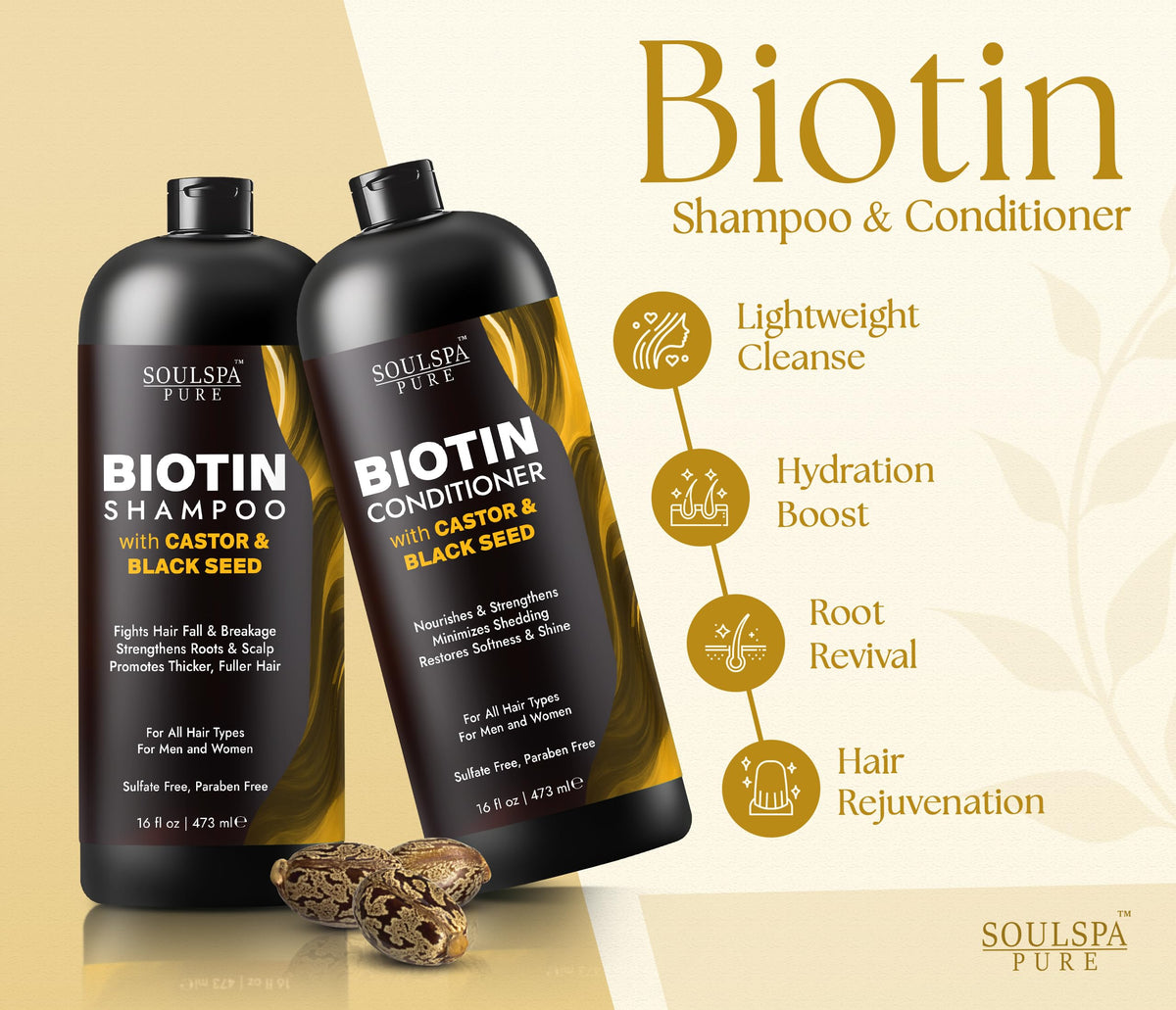 SOULSPA PURE black seed oil bottle suggests antioxidant nourishment for healthier strands.