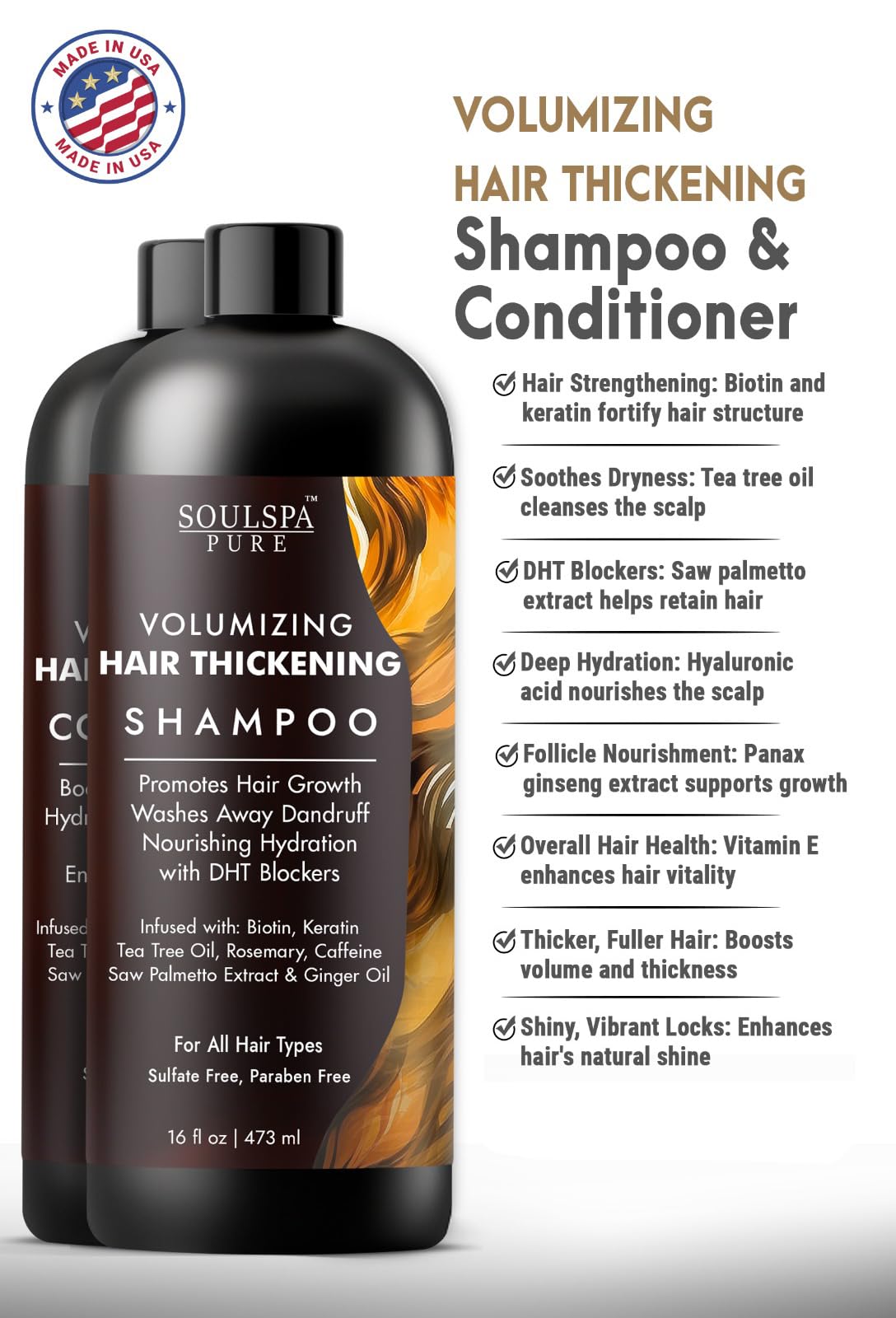 SOULSPA PURE thickening conditioner bottle supports lasting volume and smooth strands.