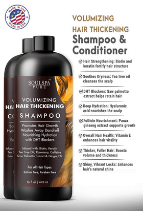 SOULSPA PURE thickening conditioner bottle supports lasting volume and smooth strands.