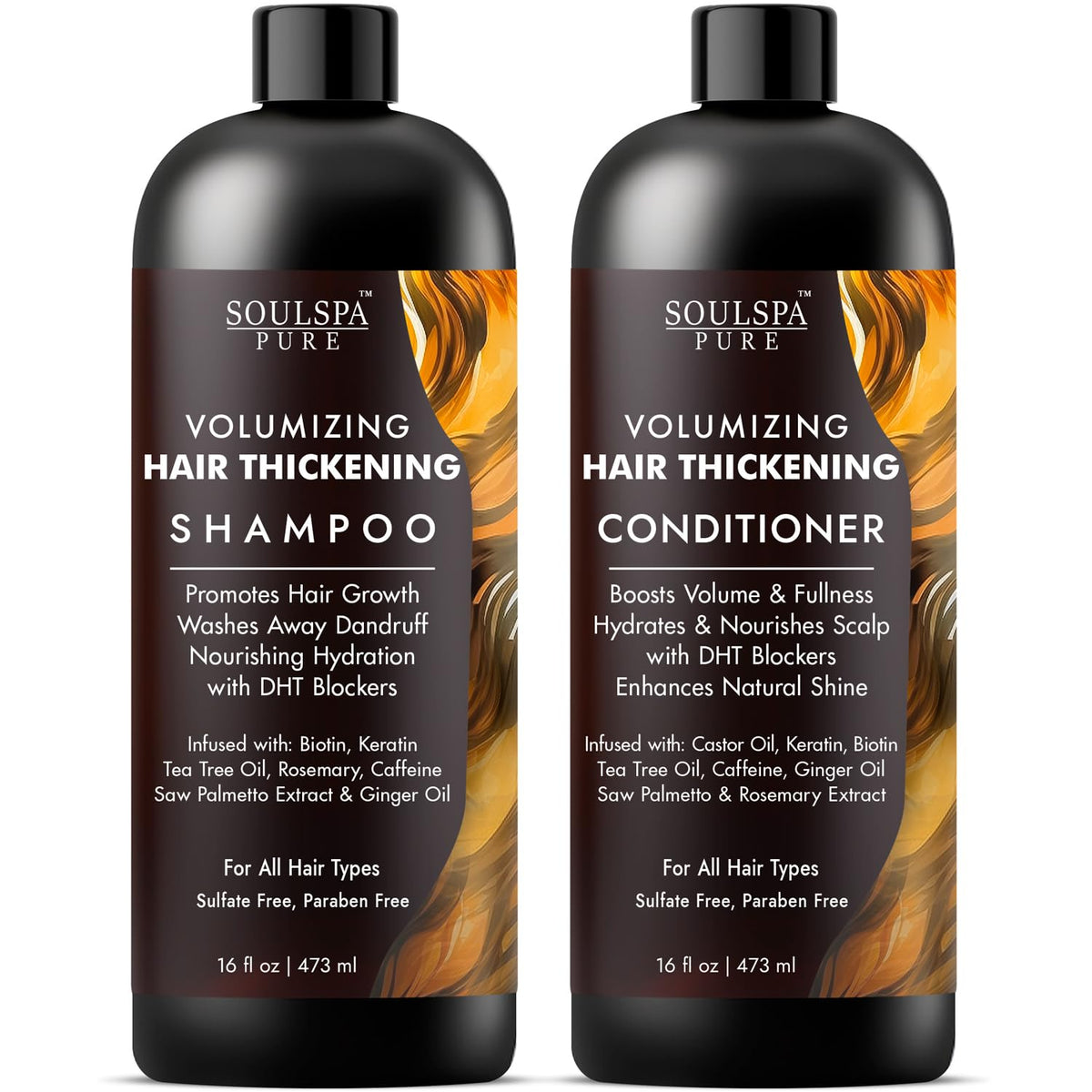 SOULSPA PURE thickening shampoo bottle promotes fuller hair with a volumizing formula.