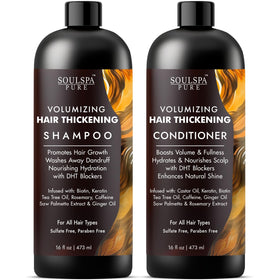 SOULSPA PURE thickening shampoo bottle promotes fuller hair with a volumizing formula.