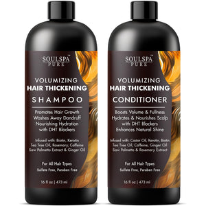 SOULSPA PURE thickening shampoo bottle promotes fuller hair with a volumizing formula.