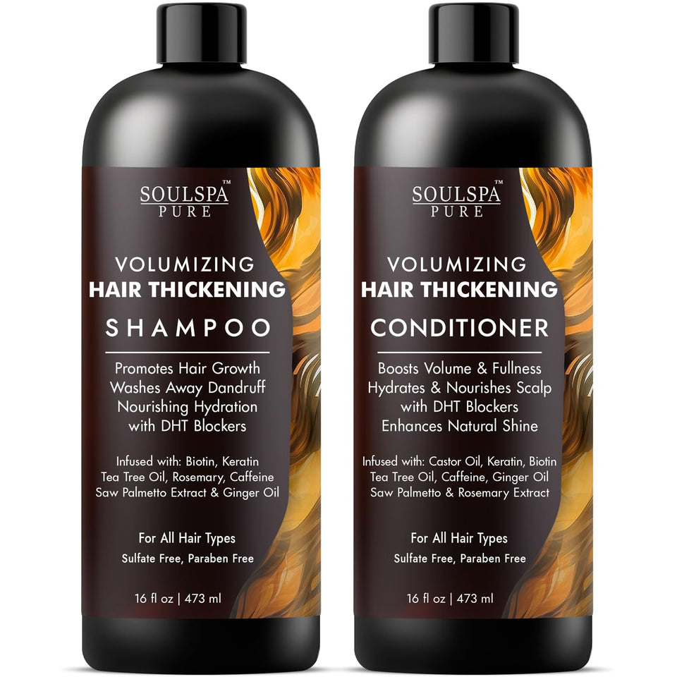 SOULSPA PURE thickening shampoo bottle promotes fuller hair with a volumizing formula.