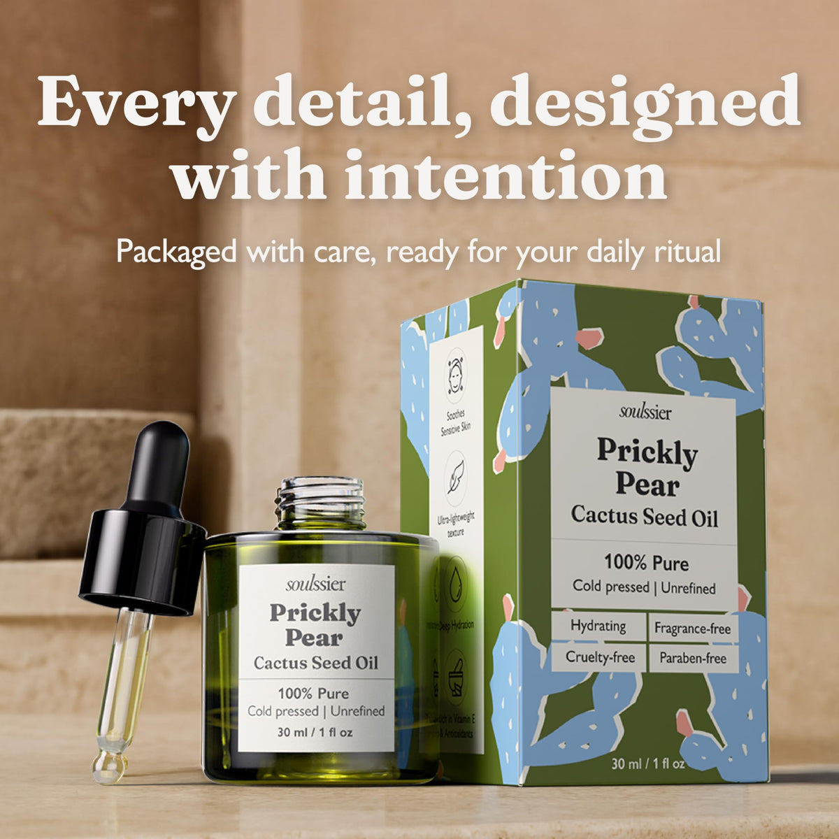 Texture of Soulssier prickly pear seed oil on the skin shows a lightweight finish