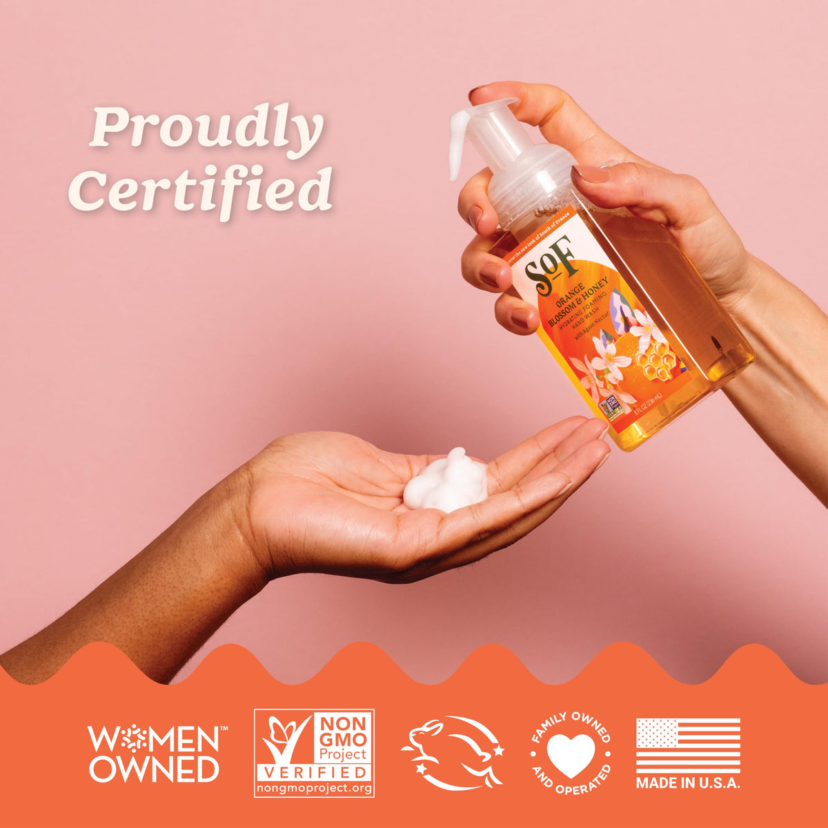SoF hand wash label highlights vegan and non-GMO credentials for the brand.